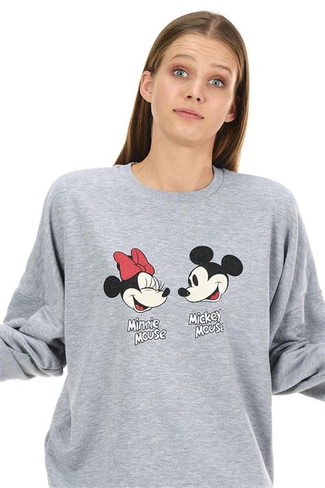 MINNIE MOUSE Gri Mickey Mouse Lisanslı Baskılı Bisiklet Yaka Oversize