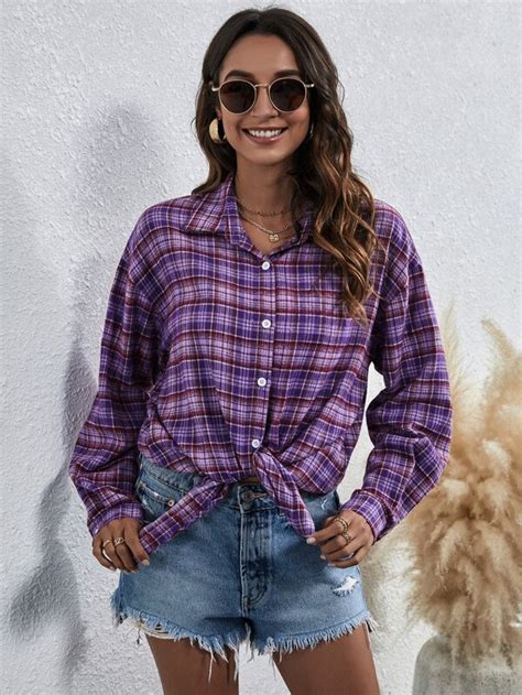 Shein Essnce Plaid Print Button Front Overshirt Shein Usa