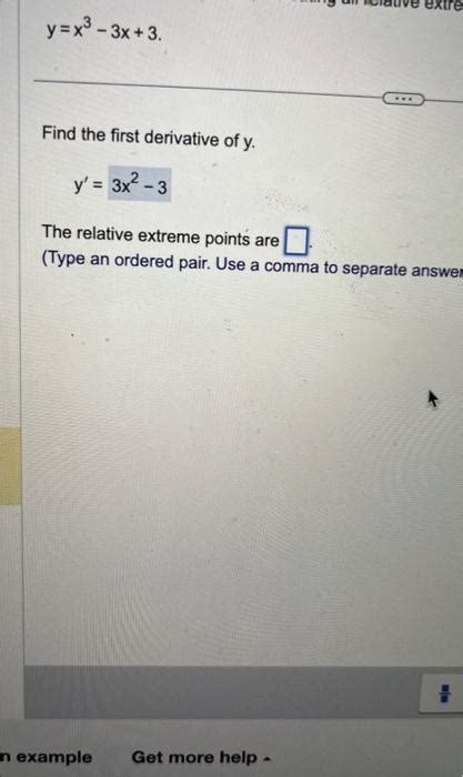 Solved y=x3−3x+3 Find the first derivative of y. y′=3x2−3 | Chegg.com