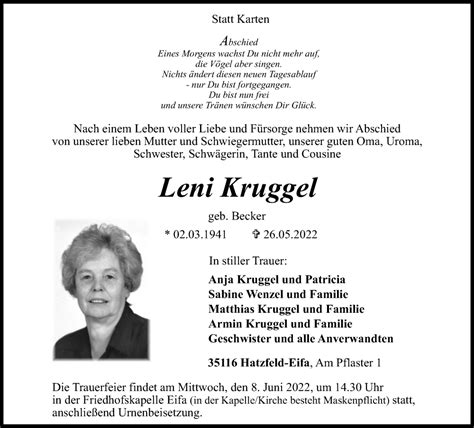 Traueranzeigen Von Leni Kruggel Vrm Trauer De