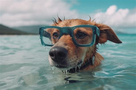 Un perro con gafas nada en el océano Foto Premium