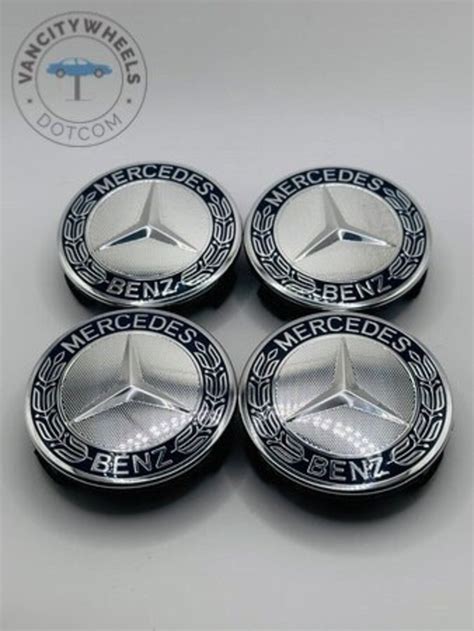 Set Of 4 Chrome Dark Blue Mercedes Benz Alloy Wheel Center Caps 74mm