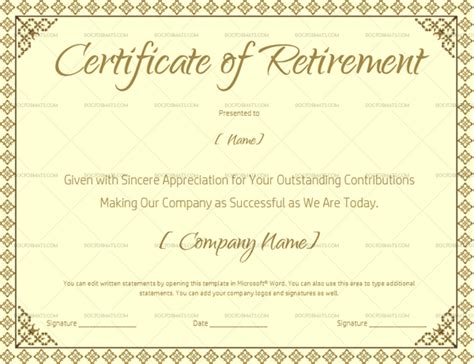 Certificate Of Retirement 923 Editable And Printable In MS Word