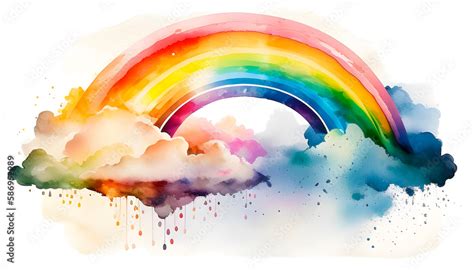 drawn rainbow in a watercolor style, a rainbow with clouds on a white ...