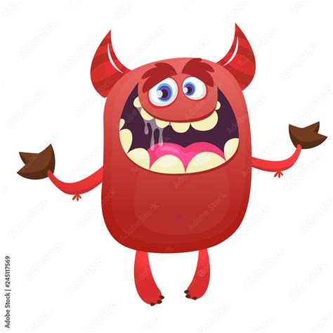 Cartoon illustration of funny red devil character with horns. Vector ...