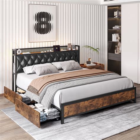 Homfa King Size Led Bed Frame With Storage Drawers Modern Leather