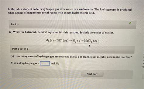 Solved In The Lab A Student Collects Hydrogen Gas Over Chegg