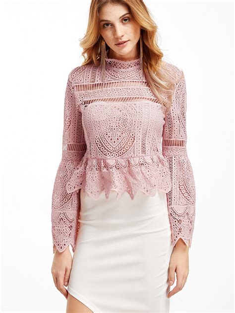 Hollow Out Crochet Bell Sleeve Peplum Blouse Shein Sheinside