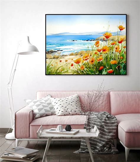 California Poppy Painting Large Watercolor Landscape Big Sur Seascape ...