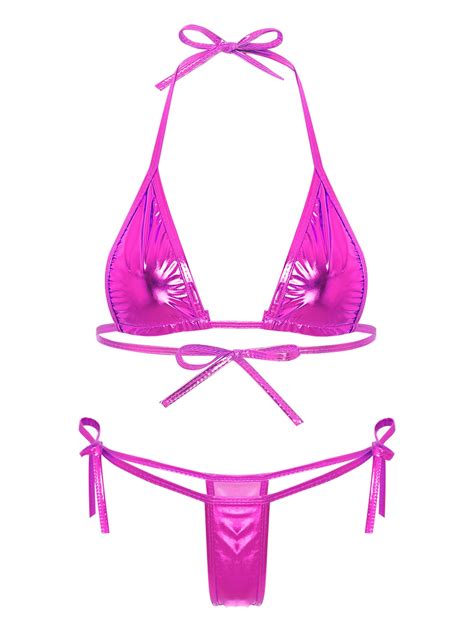 YIZYIF Womens Metallic Bikini Set Halter Triangle Bra With Mini G String Thong Swimwear Hot Pink
