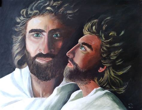 an oil painting of two men with long hair and beards looking at each other