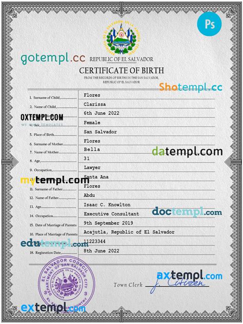 Salvador vital record birth certificate PSD template