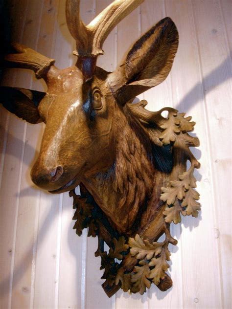 Exceptional Black Forest Carved Wood Deer Head With Antler Mount