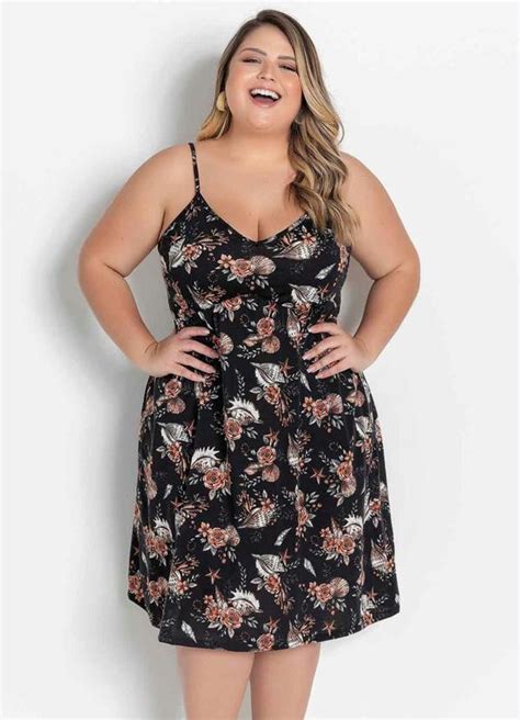 Vestido Floral Preta Com Alcinhas Plus Size Marguerite