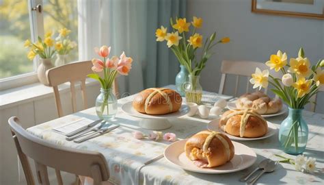 Easter Table Setting With Hot Cross Buns And Spring Flowers Stock Illustration Illustration Of
