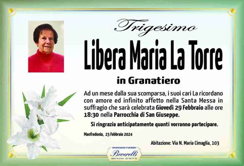 Funerali E Annunci Funebri A Manfredonia Libera Maria La Torre Funer