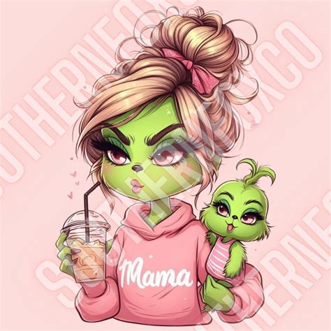 Cute Grinch Mama PNG Messy Bun Digital AI Art DTF Sublimation Etsy