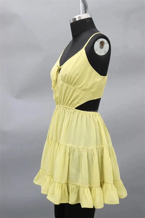 Plain Yellow Beautiful Tiered Dress With Back Smocking Western Wear At