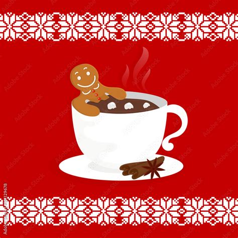 Funny Cartoon Illustration With Gingerbread Man In Cup Of Hot Chocolate For Holiday Theme On