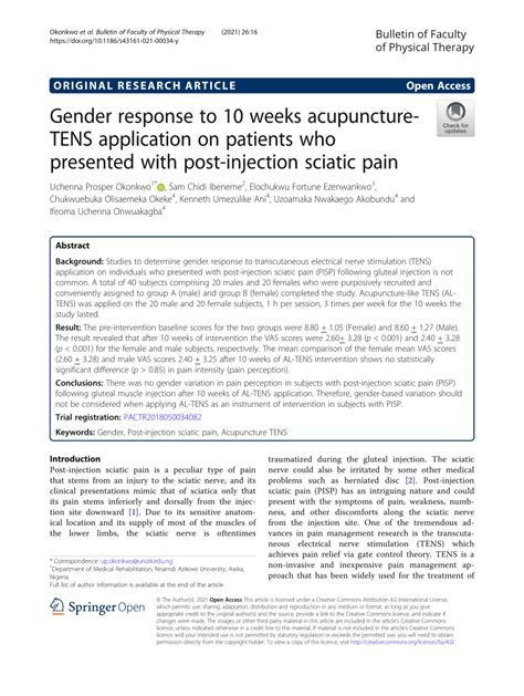 Pdf Gender Response To 10 Weeks Acupuncture Tens Application On Patients Who Presented With