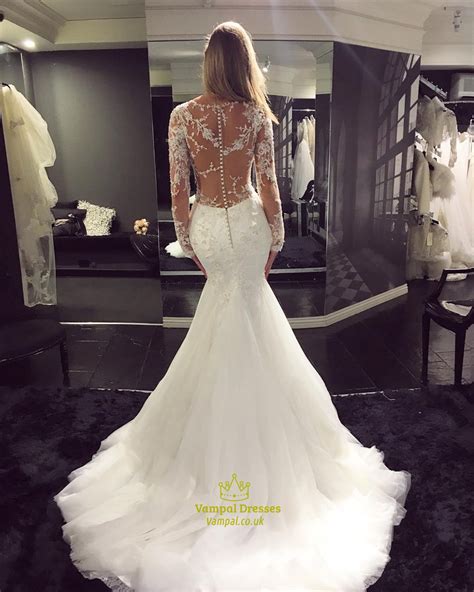 White Sheer Lace Top Long Sleeve Mermaid Wedding Dress With Train