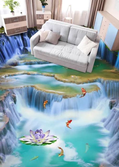 3D WATERFALL LOTUS Fish O794 Floor WallPaper Murals Wall Print Decal 5D