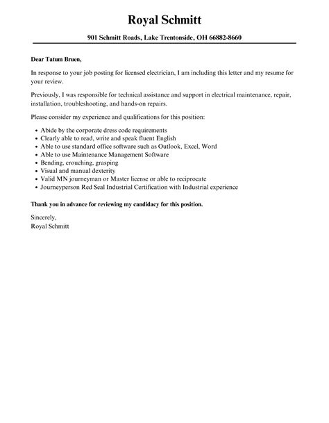 Licensed Electrician Cover Letter Velvet Jobs