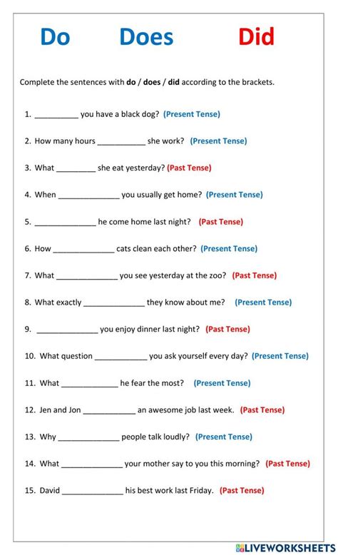 Grammar The Verb To Do Do Does Did Worksheet English Grammar