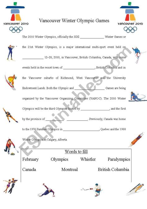 Vancouver Winter Olympic Games ESL Worksheet By Supergun812