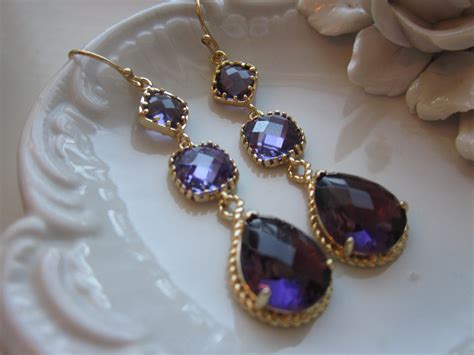 Amethyst Earrings Purple Gold Three Tier Bridesmaid Earrings