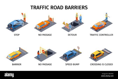 Traffic Road Barriers Compositions Set With Stop Symbols Isometric