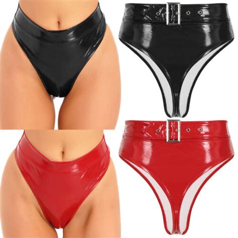 Damen High Waist String Wet Look Lackleder Slips G Rtel H Schen