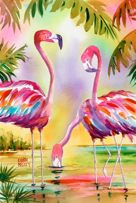 Original Watercolor Flamingo Painting Colorful Art Tropical | Etsy