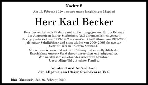 Traueranzeigen Von Karl Becker Rz Trauerde