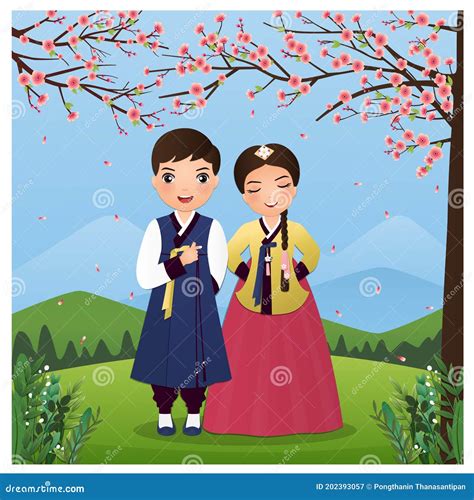 Wedding Invitation Card The Bride And Groom Cute Couple In Traditional Hanbok Dress C Character