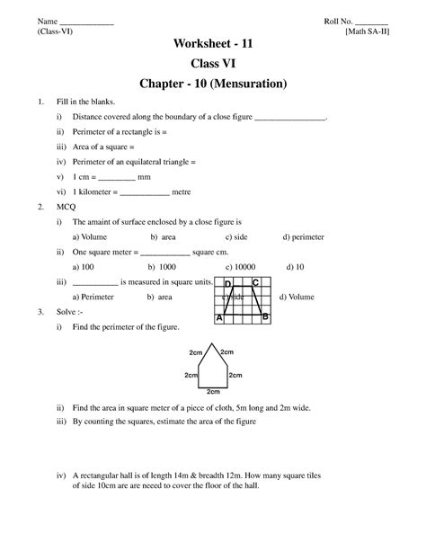 Cbse Class Mensuration Worksheet Name Roll No