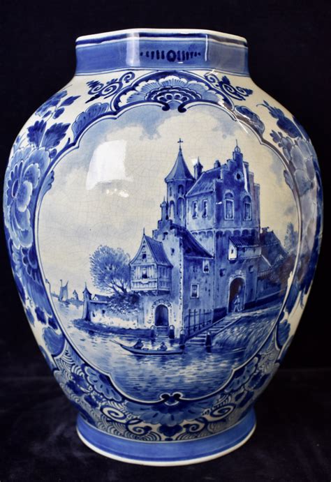 Rare Large Dutch Blue White Royal Delft Hand Painted Vase