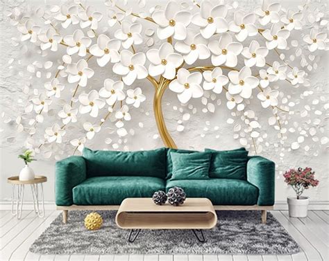 D Custom Wallpaper Embossed White Flowers Trees Wallpaper Etsy