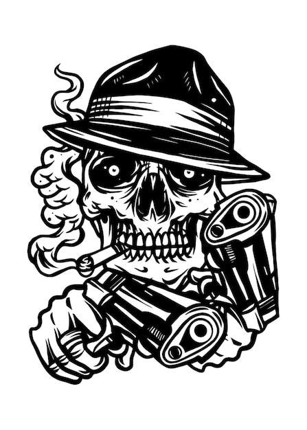 Chicano Skull With A Hat Holding Guns Premium Vector Freepik Vector