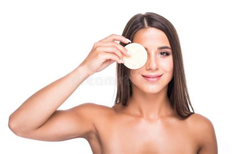 Cute Beautiful Natural Brunette Girl Cleaning Face With Cotton Sponge Smiling Looking At Camera