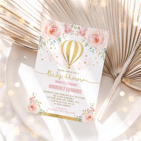 Blush Gold Floral Hot Air Balloon Girl Baby Shower Invitation Zazzle