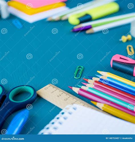 School Supplies On Blue Background Stock Image Image Of Elementary