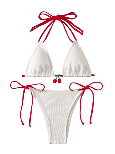 GORGLITTER Women S Cherry Bikini Set High Cut Thong Colorblock Halter Triangle Swimsuit Bathing