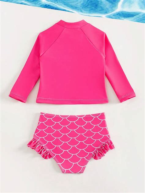 Baby Girl Fish Scales Letter Graphic High Neck Ruffle Trim Bikini