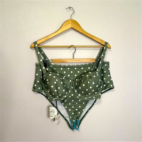 Peek A Beau Swim Nwt Peek A Beau Two Piece Bikini Swimsuit Swimwear Green And White Polka