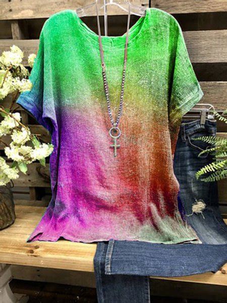 Multicolor Simple Short Sleeve Round Neck Tie Dyed Shirt And Top Roselinlin