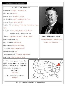 THEODORE ROOSEVELT Fact File Worksheet Research Sheet TPT