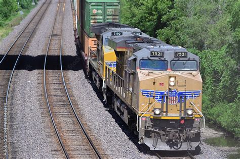 Multiple Locomotives Lead A Union Pacific Intermodal Freight Train Into