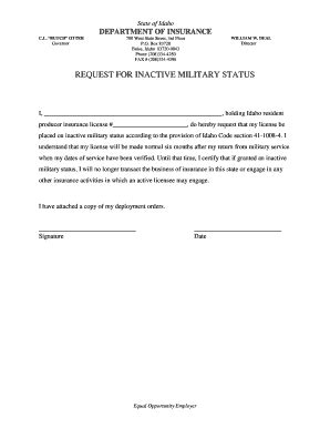 Fillable Online Doi Idaho Request For Inactive Military Status Idaho