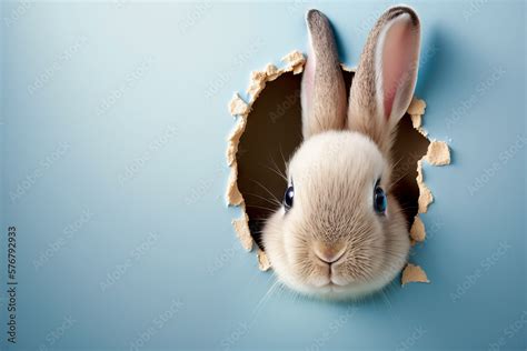 Bunny Peeking Out Of A Hole In Blue Wall Fluffy Eared Bunny Easter